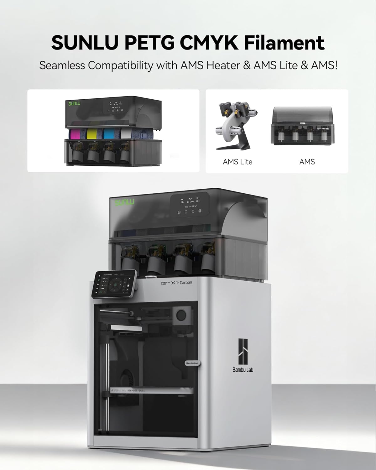 SUNLU CMYK PETG Printing Filament 1.75mm 4kg Bundle,Compatible with AMS and Regular FDM 3D Printers.Individually Vacuum Packed,4kg in Total,1kg per Spool,4 Packs,White+Cyan+Magenta+Yellow.