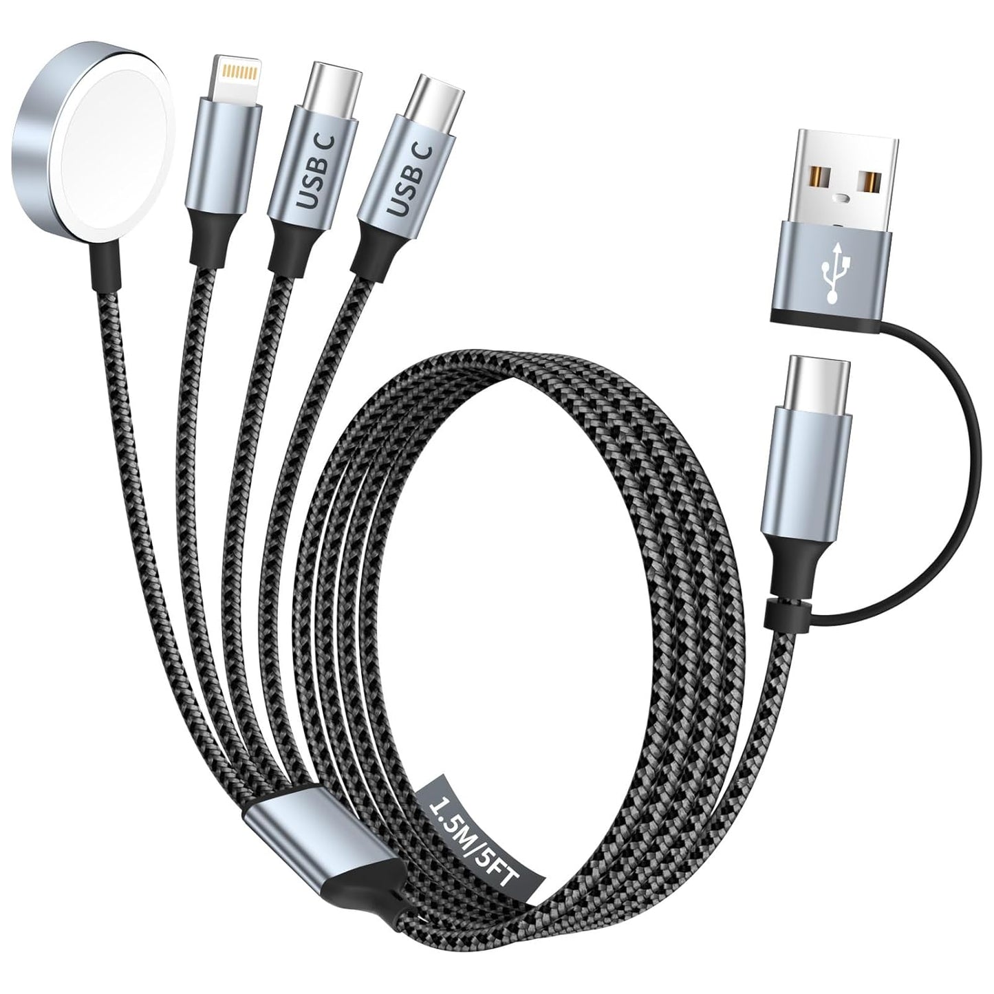 Travel Essentials 4 in 2 Dual Type C Multi Charging Cable for Apple Watch Charger,USB A/USB C Multiple Charger Cable/Cord for All Devices Compatible with iWatch Ultra/SE/10-1,iPhone 16-11 and More-5FT