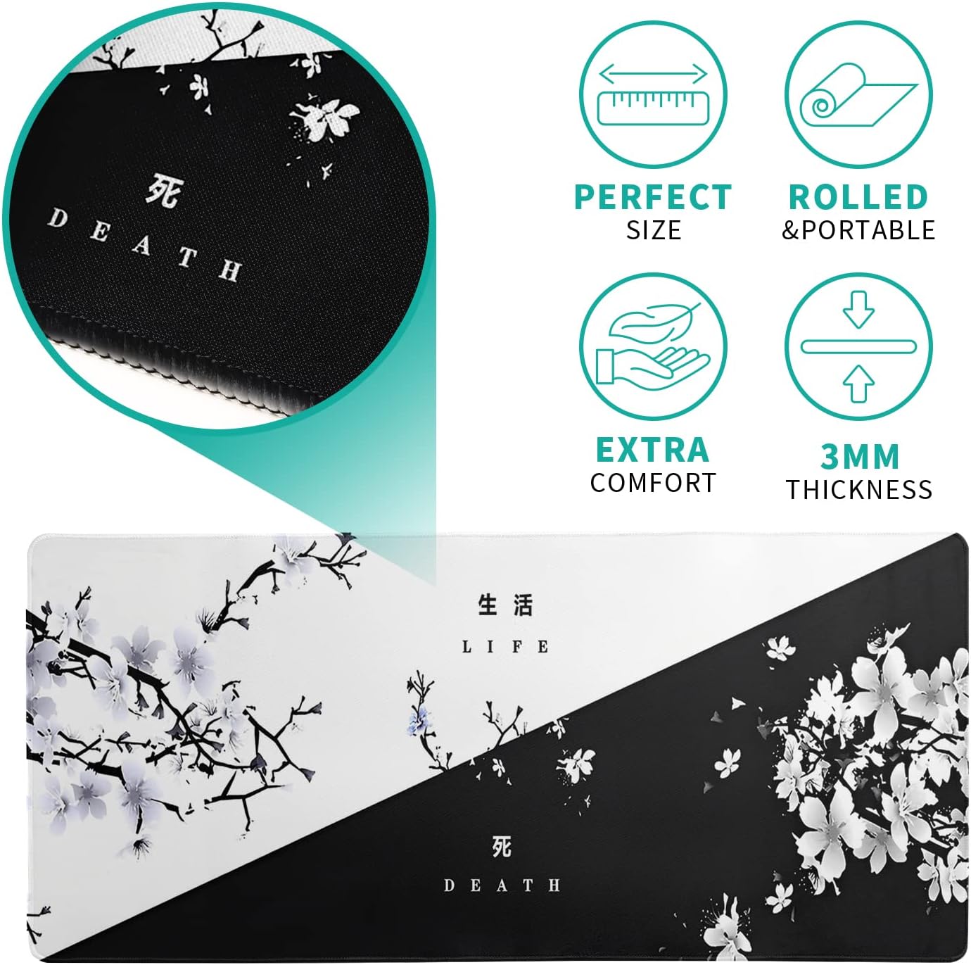 Black and White Japanese Cherry Blossom Gaming Mouse Pad Sakura Death Life Flower Mat 31.5x11.8 Inch Texture Non-Slip Rubber Base Mousepad Stitched Edges Keyboard Desk Pad for Office Home Game