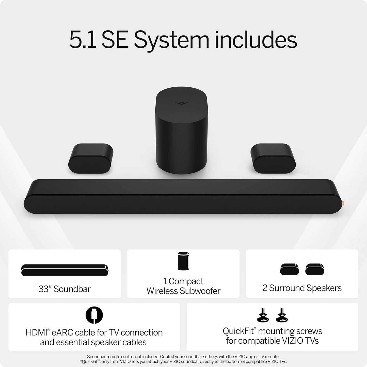 VIZIO 5.1 Soundbar SE, Wireless Subwoofer, Surround Sound w/Dolby Atmos & DTS:X, Bluetooth Speaker, QuickFit™ Compatible – SV510X-08 (New, 2024 Model)