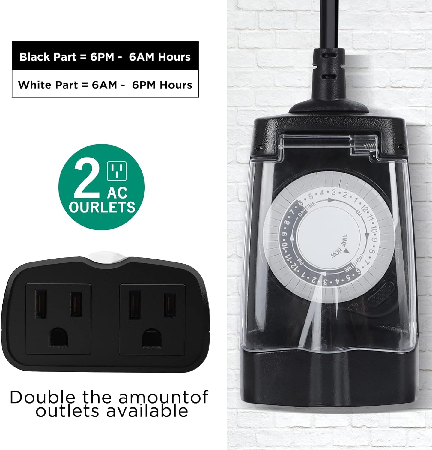 G-Homa 24 Hour Mechanical Outdoor Timer Outlet, Outdoor Timer for Lights, Waterproof, 2 Grounded Outlets, 15A 1/2HP, Heavy Duty, ETL Listed (2 Packs)