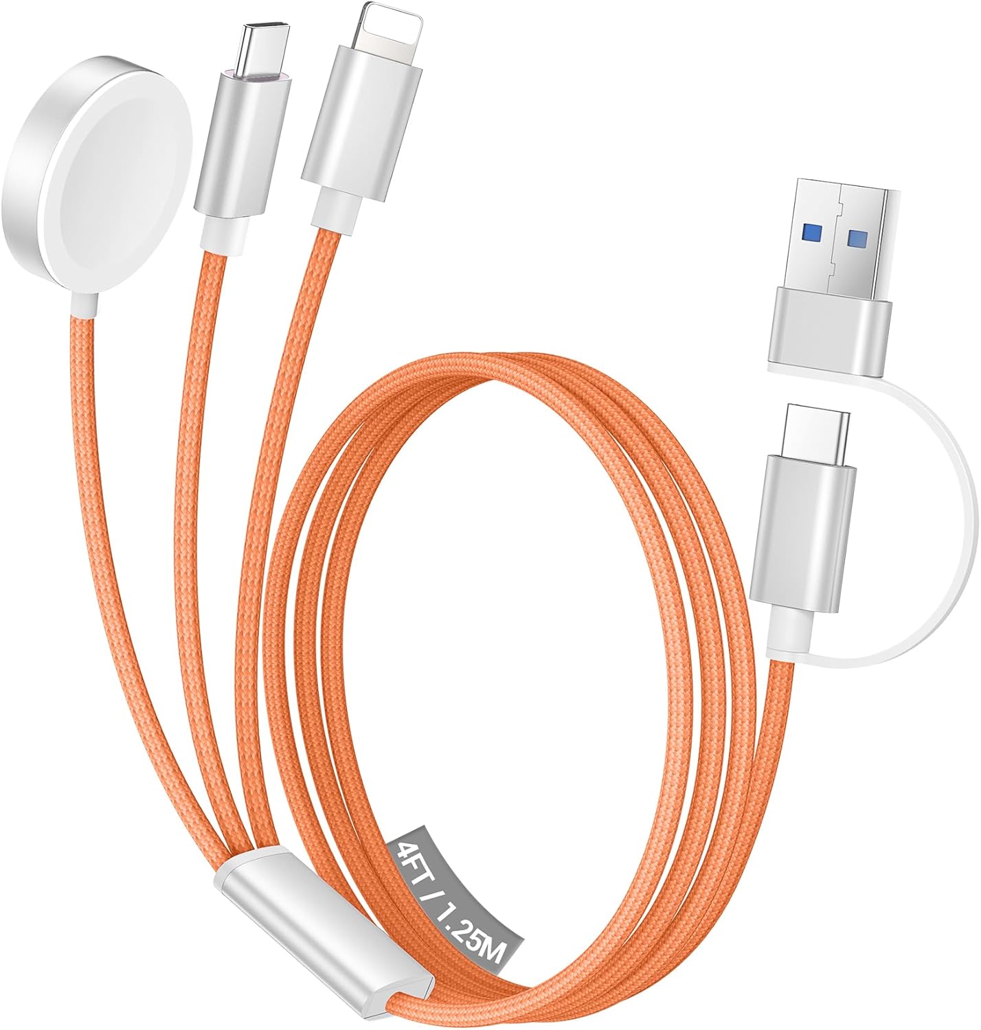 Temdan for Travel Vacation Essentials,3 in 2 USB C Cable for Apple Watch Charger/iPhone 16 Charger/Lightning,Multi Charging Cable Cord,Camping Essentials,Designed for iWatch &iPhone 16-12-4FT Orange