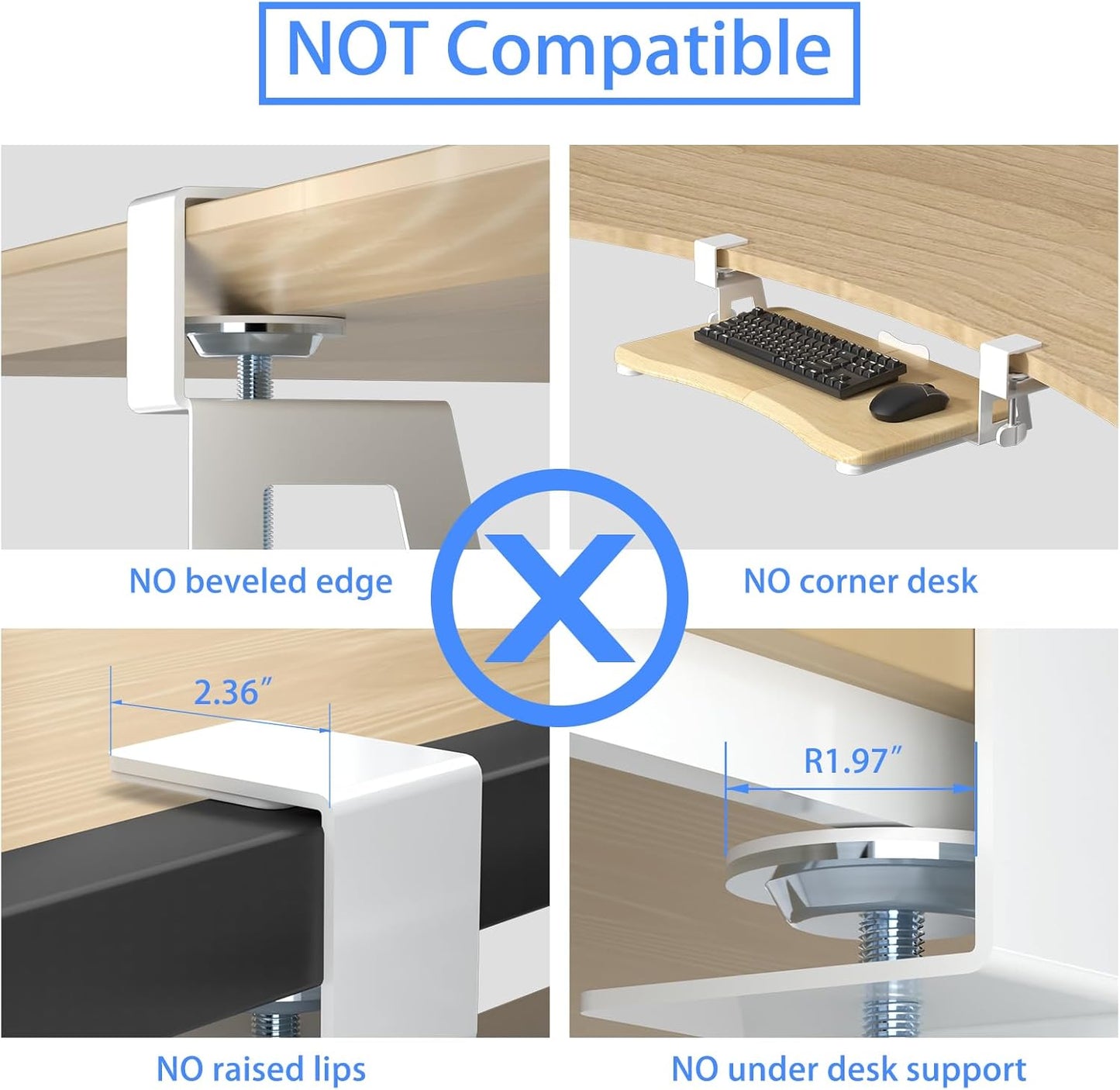 suptek Small Keyboard Tray Under Desk Pull Out with C Clamp Mount for Computer Keyboard, 20 (24.2 Including Clamps) x 11.8 inch Slide-Out Platform Computer Drawer for Typing, Light Wood, DSF1SQM