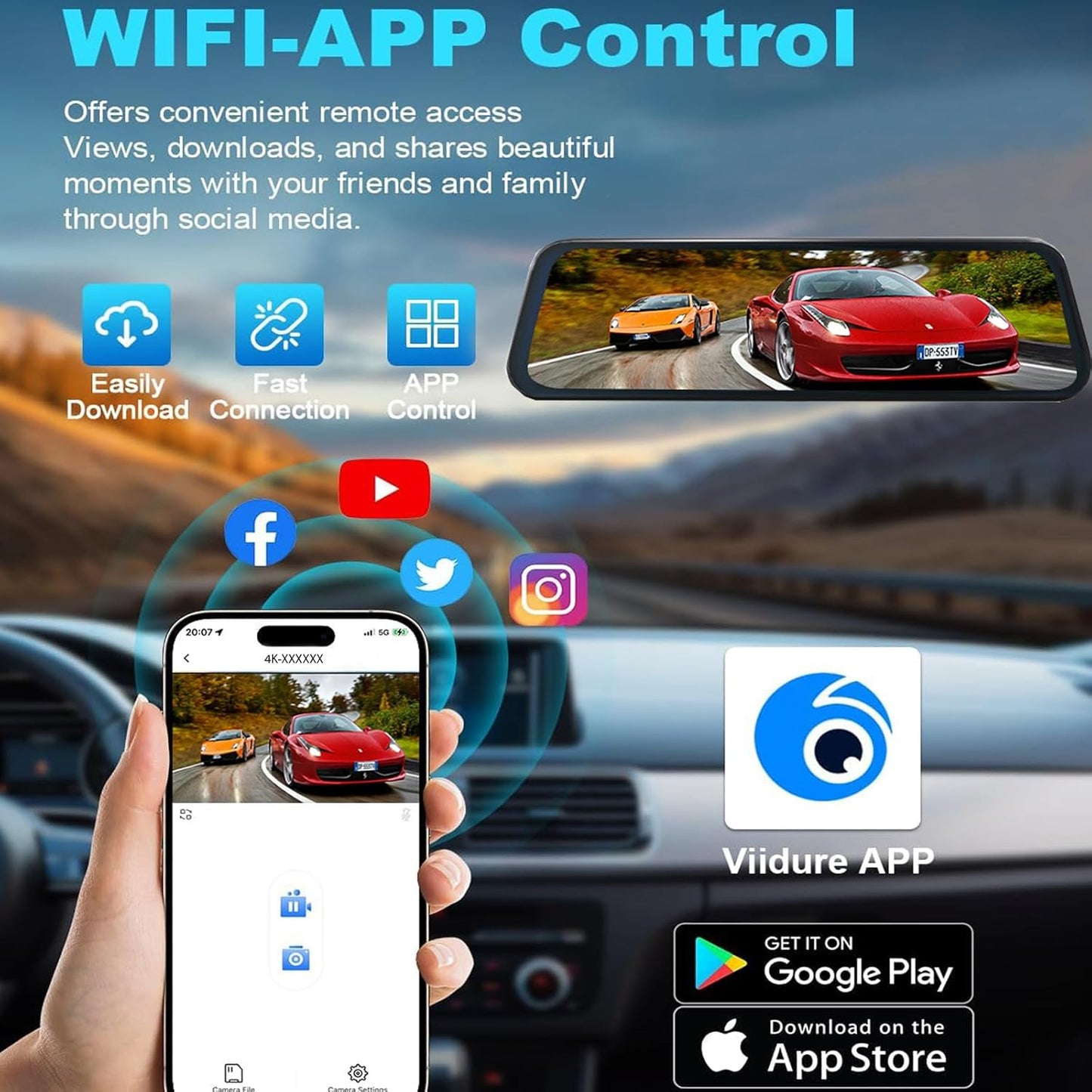 Mirror Dual Dash Camera for Car, Dashcam 4K Front 1080P IMX307 Rear View/ADAS BSD LCA Wi-Fi&APP WDR Night Vision G-Sensor Loop Recording Parking Monitor 64GB Card