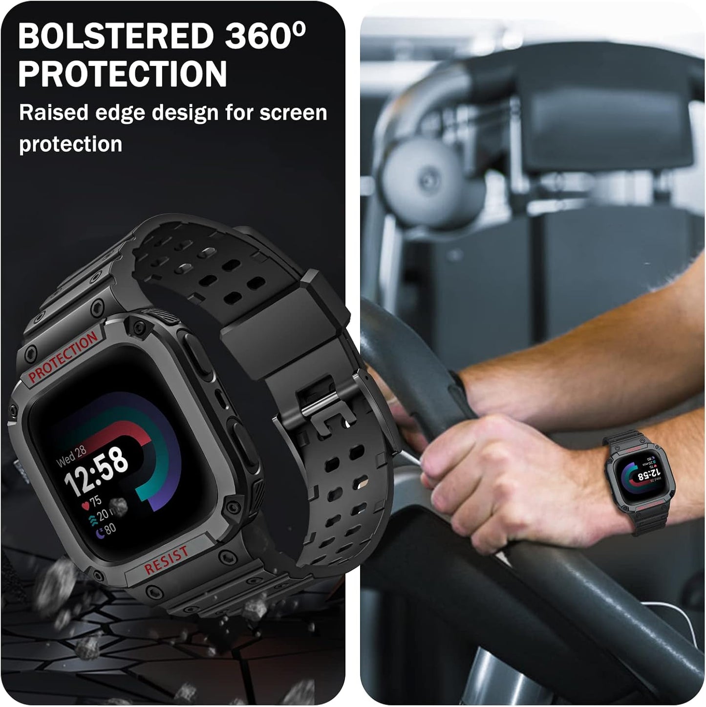 FINTIE Bands with Case Compatible with Fitbit Versa 4/3/2/1/Versa Lite/Fitbit Sense 2/Sense, Protective Case Strap Rugged Sport Band Men, Black