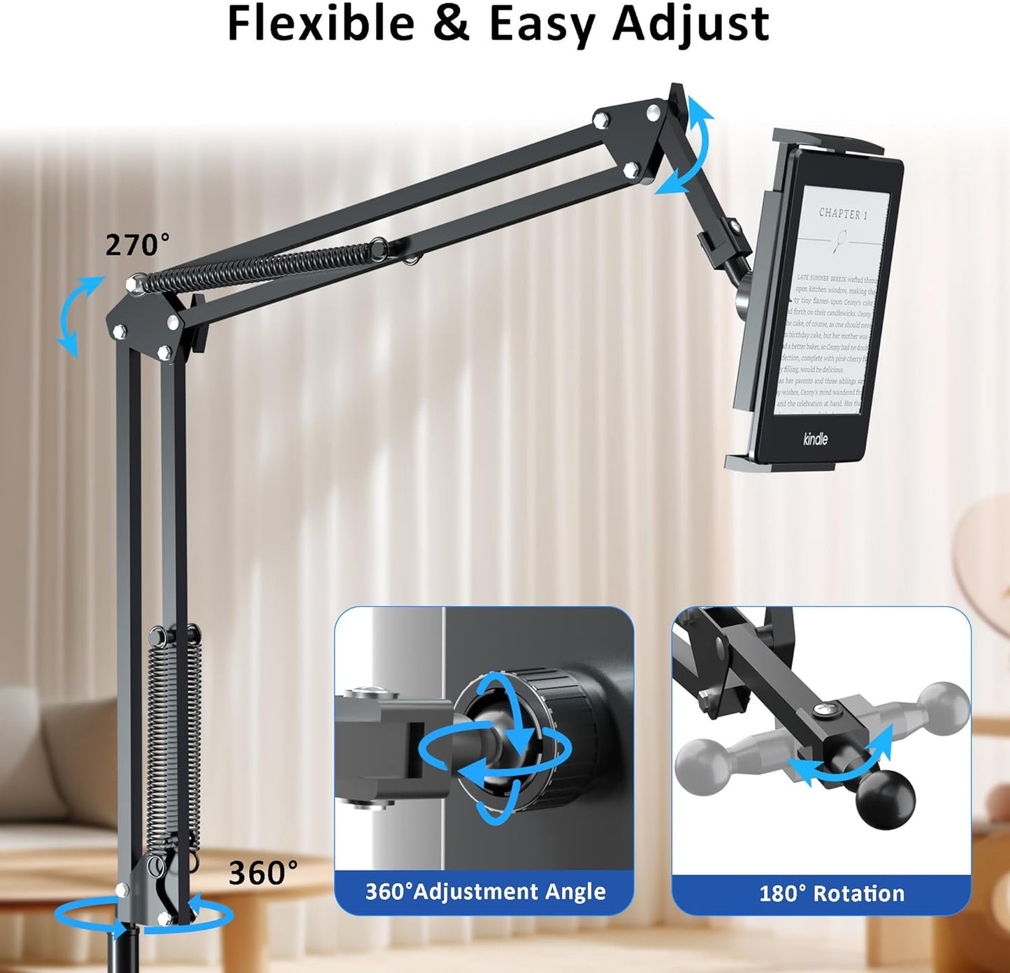 Floor Stand for Kindle Reading in Bed with Remote Page Turner, Hands Free Tablet Arm Holder for Kindle Accessory, Compatible with iPhone Paperwhite eReader Tablet 4.5-12.9 inch (kt-sd2)