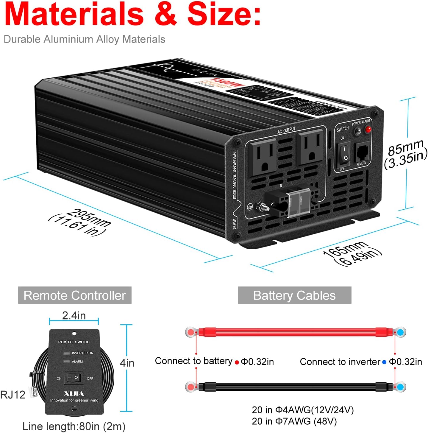 Xijia 1500W (Peak Power 3000W) Pure Sine Wave Inverter DC 36v to 120v Inverter 60HZ Solar Converter for Home Use,RV, Camping, Boat,Outdoor (DC36V (Range 30V-45V) 1500W)