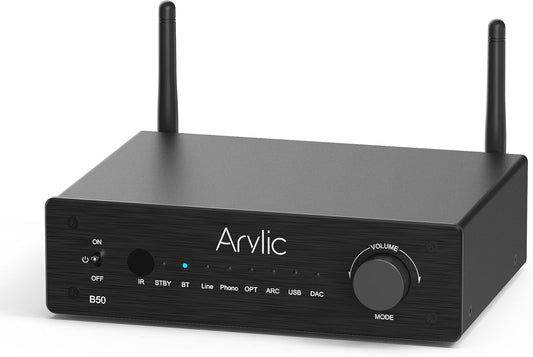 Arylic B50 2 Channel Bluetooth Amplifier with Audio Transmitter, 50W*2 Home Stereo Amplifiers with HDMI ARC,DAC,Phono in and Free APP. Support aptX HD Music Transmission & Reception.
