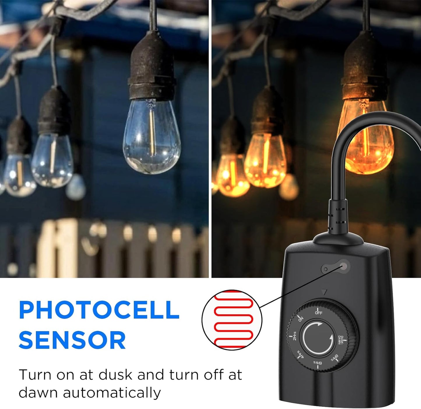 G-Homa Dusk to Dawn Outdoor Timer for Light Sensor Timer Waterproof 2 Grounded Outlets Timers for Christmas Light, 15A 1/2HP, CSA Listed (Turns on After Dusk)