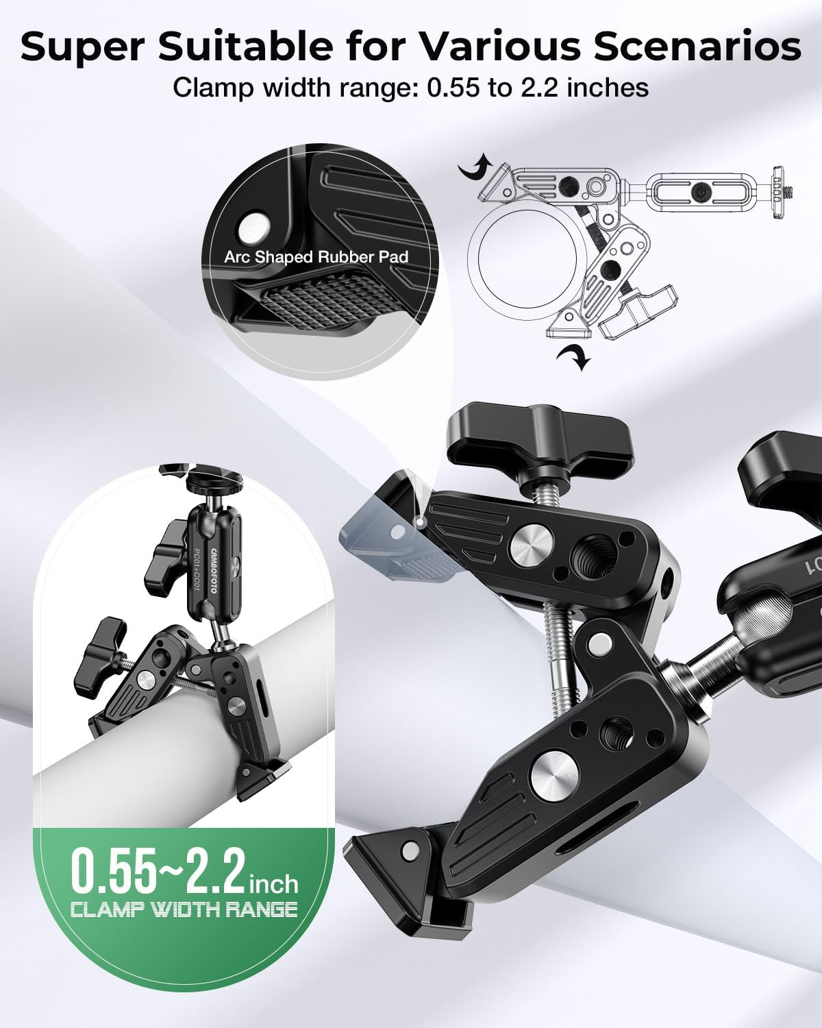 Super Clamp Camera Mount, 360° Dual Ballhead Magic Arm, 1/4"-20 & 3/8"-16 Threads, Super Clamp Kit for Phone/LED Lights/DSLR Camera/Gopro/Ronin-M/MOVI/Insta360/Tripod/Desk
