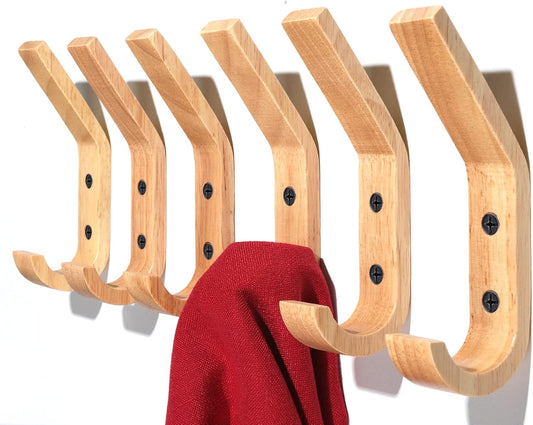 HNYYZL Wooden Wall Hooks, 6 Pack Wood Hooks Wall Mounted, Modern Coat Hooks, Heavy Duty Double Hooks with Metal Black Screws, Wood Wall Hooks Organizer for Hanging Coat, Hat, Scarf, Bag, Towel
