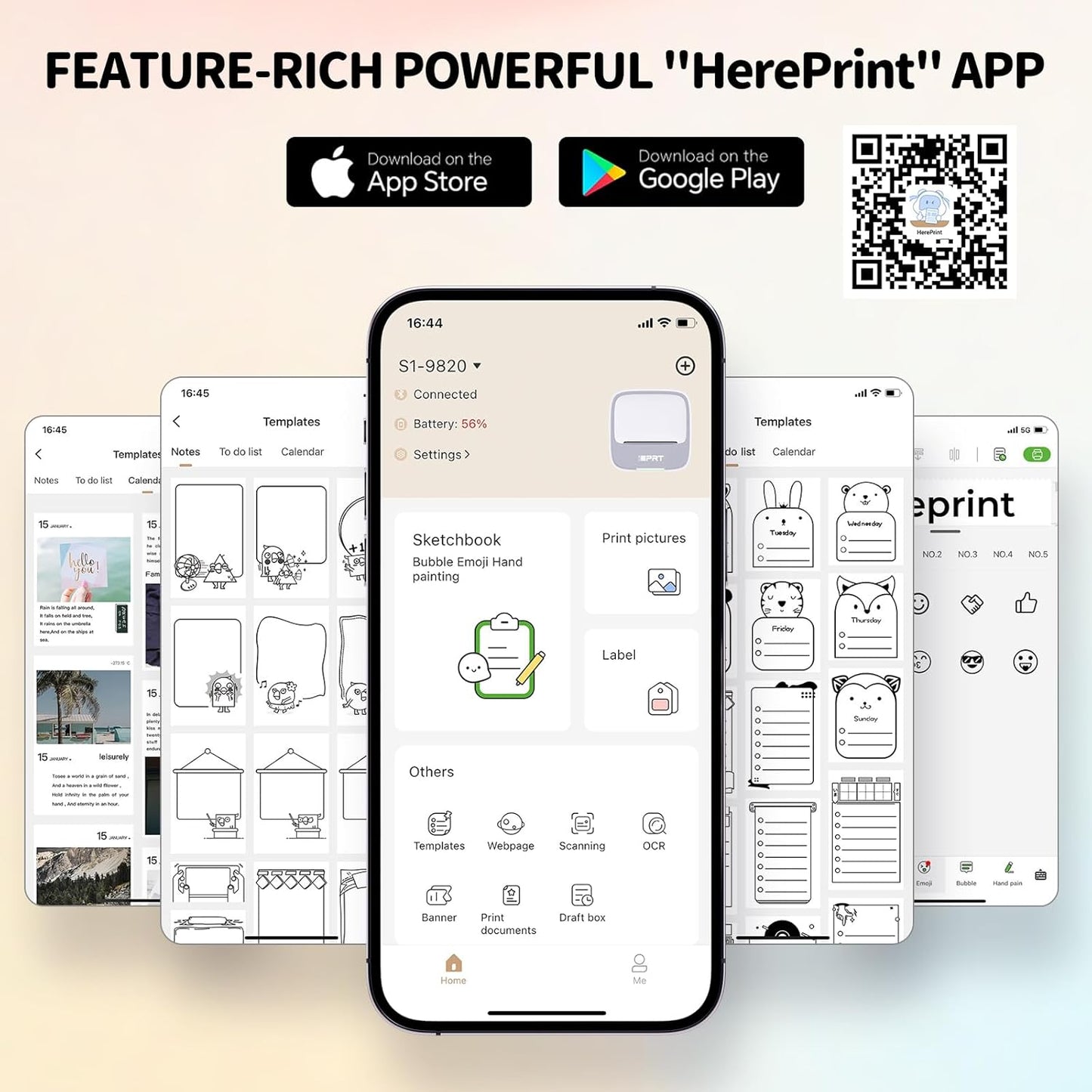 PRT Mini Sticker Printer, Portable Thermal Printer with 1 Roll Sticker Paper, Inkless Sticker Maker, Bluetooth Label Printer for Study Notes,Lists,Pictures,DIY Creations Small Printers for Home Use