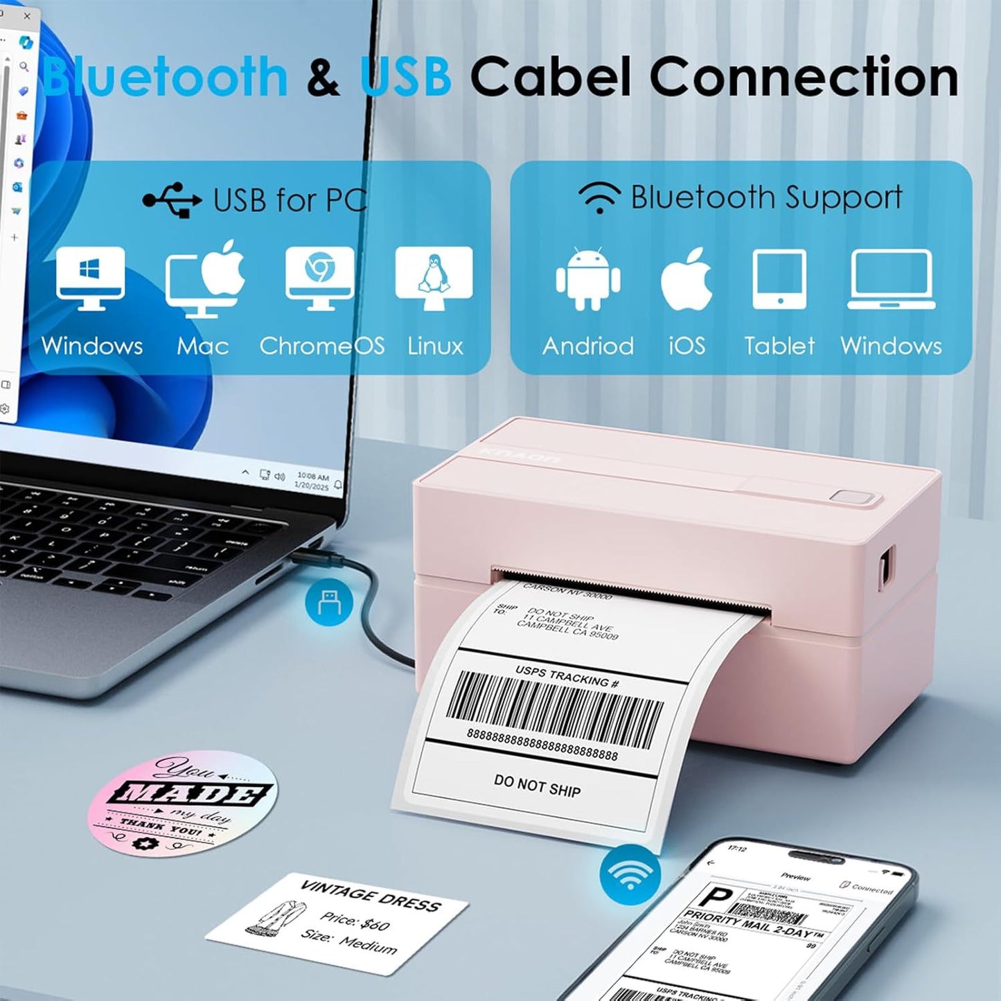 Bluetooth Thermal Label Printer, 4x6 Portable Thermal Shipping Label Printer for Small Business, Compatible with iPhone,Android,Windows,Mac,Chromebook –Works with Ebay Shopify USPS&More, Pink