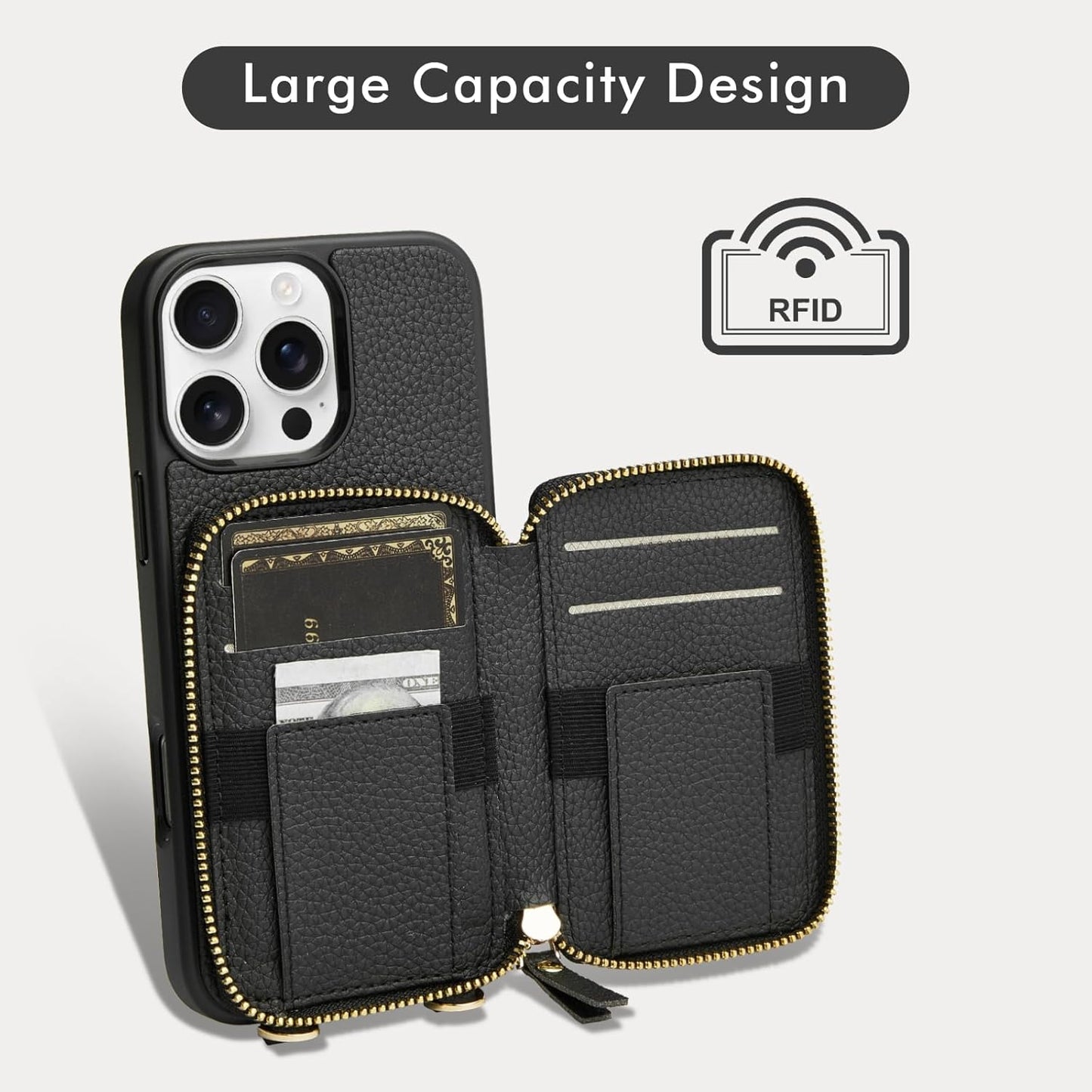 LAMEEKU for iPhone 15 Pro Max Wallet Case with Card Holder, Zipper Leather Crossbody Case with Kickstand Wrist Strap Lanyard for Women, Cover Phone Grip Holder Stand 6.7" -Black