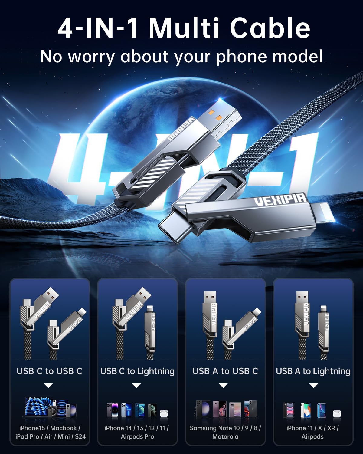 [Upgraded] 4-in-1 USB C Cable 45W 5FT Lightning Cable Fast Charging Flat Nylon Braided for iPhone iPad Charger Cord [480Mbps Data Sync] Multi Charge Combo with Lightning/Type C/USB A Port