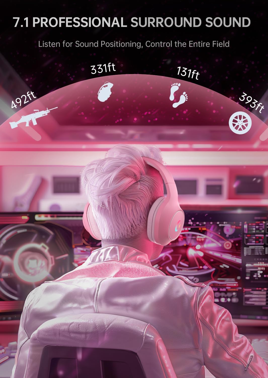 CM7002 Gaming Headset for PS5, PS4, PC, Mac, Switch, Xbox Series, Surround Sound RGB Gaming Headphones with Noise Canceling Microphone, 50MM Dynamic Drivers, 3.5MM Audio Jack, Light Pink