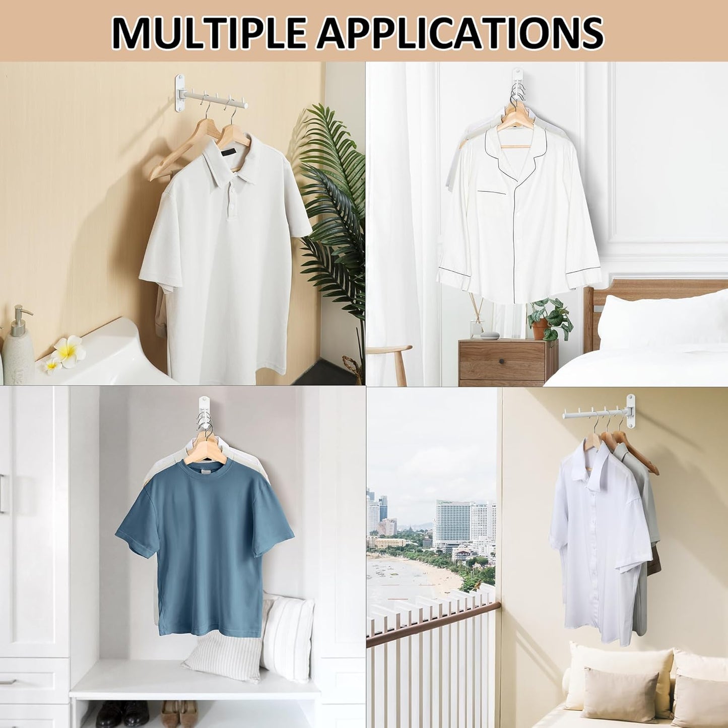 Swing Clothes Hanger Rack,2-Pack Garment Racks Wall Mounted Clothes Bar-Hanger Holder Hooks Heavy Duty Folding Drying Rack Space Saving Clothing Hanging System Closet Storage Organizer,White