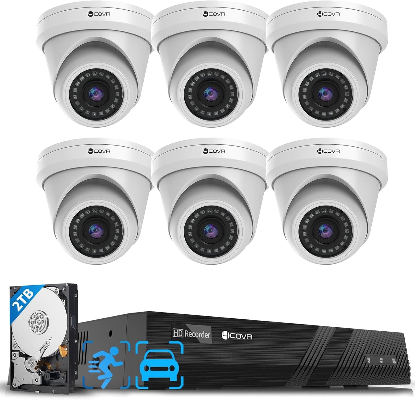 4COVR PoE Security Camera System 4K AI Human Vehicle Detection, 8CH 4K H.265 NVR 2TB HDD, 6Pcs 8MP Wired Commercial Dome IP Camera IP67 Night Vision, 24/7 Home Surveillance Outdoor, LY97AX8M0806
