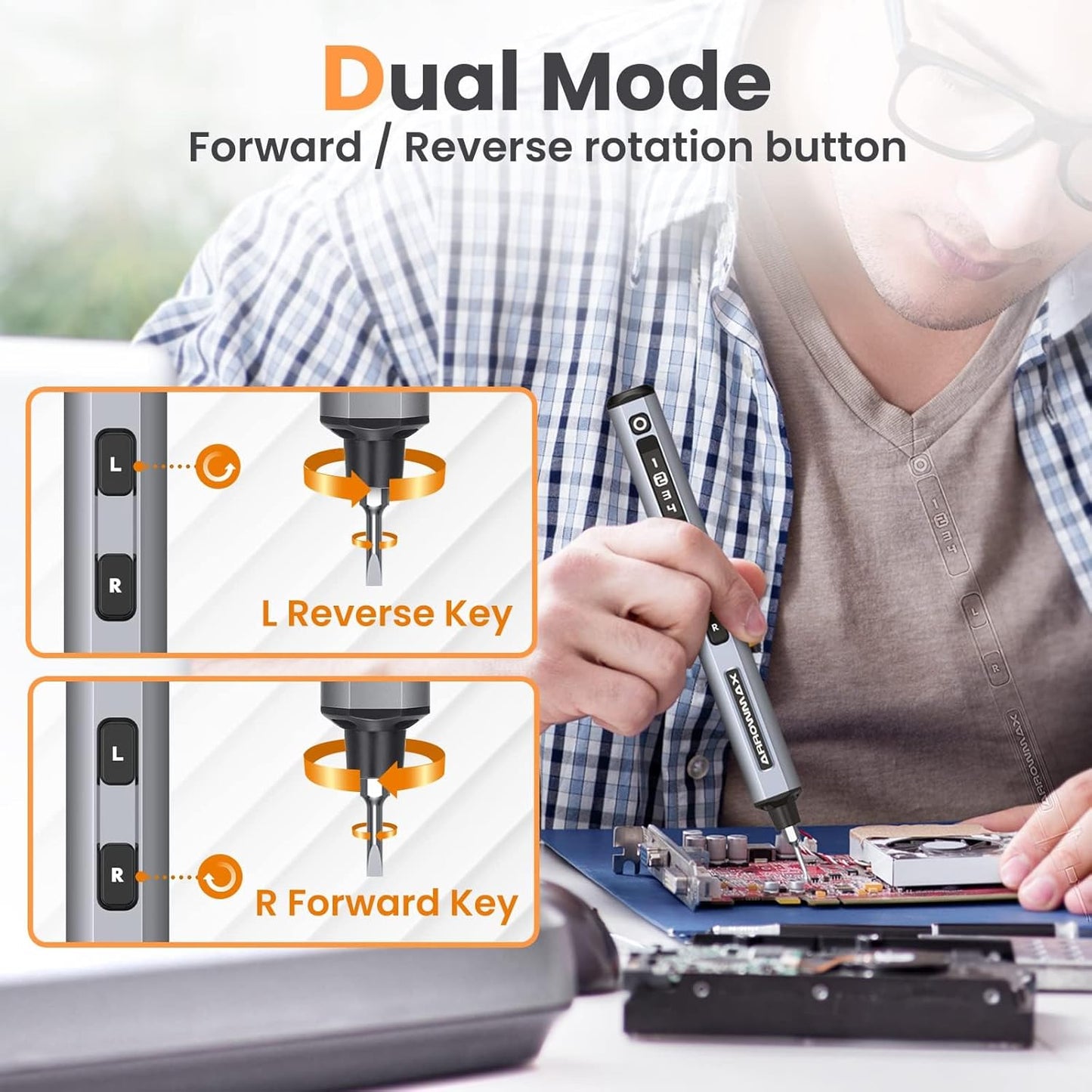 AM ARROWMAX Mini Electric Screwdriver, 4 Torque Settings Precision Screwdriver w/ 34 Magnetic Bits, Magnetic Storage, 5/32''Hex, Repair Tool Set for Phone Camera Laptop Watch (SES) Gray