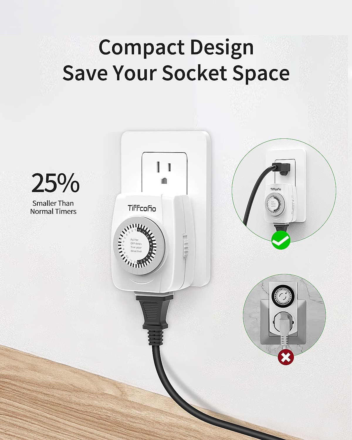 TiFFCOFiO Indoor Mechanical Outlet Timer, 3 Prong Timers for Electrical Outlets, 24-Hour Programmable Plug in Christmas Light Timer, ETL Listed (2 Pack)