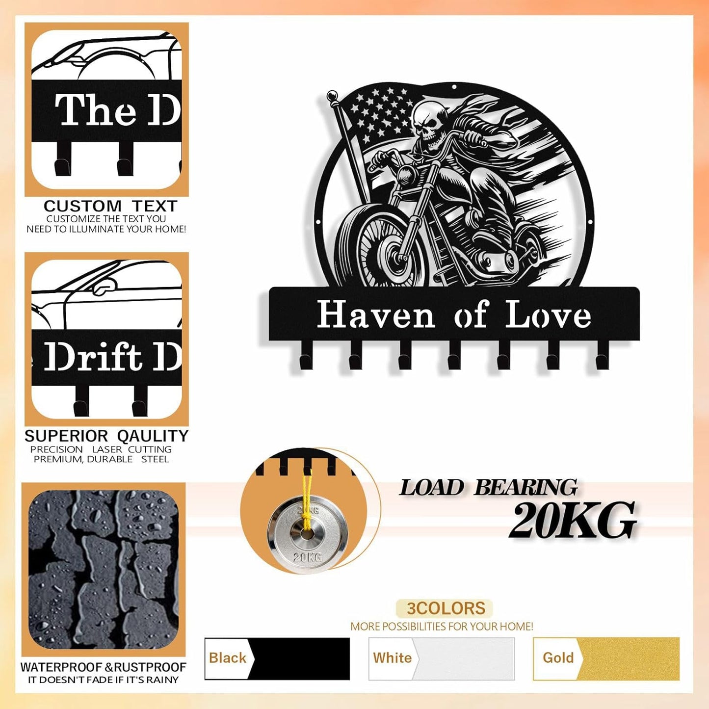 Personalized Skull Motocycle Key Holder Wall Mount, Custom Metal Key Rack Key Holder with Name, Deer Cabin Wall Keys Hanger with Hooks for Entryway, Front Door, Hallway, Kitchen, Living Room