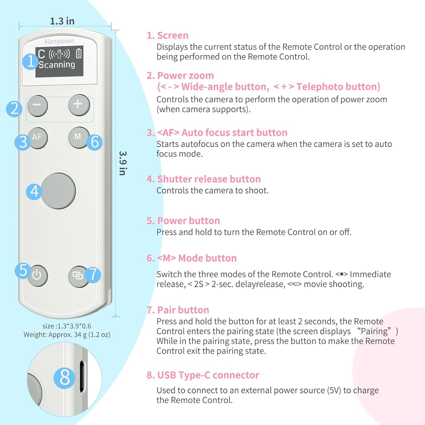 for Canon Rechargeable Wireless Remote Control - Camera Remote Shutter Release with Zoom Focus Compatible with Canon G7X Mark III/R50/R6 II/R10/R/RP/R5/R8/R100/M50/M200/M6 Mrak II/R5 II/6D II/SL3