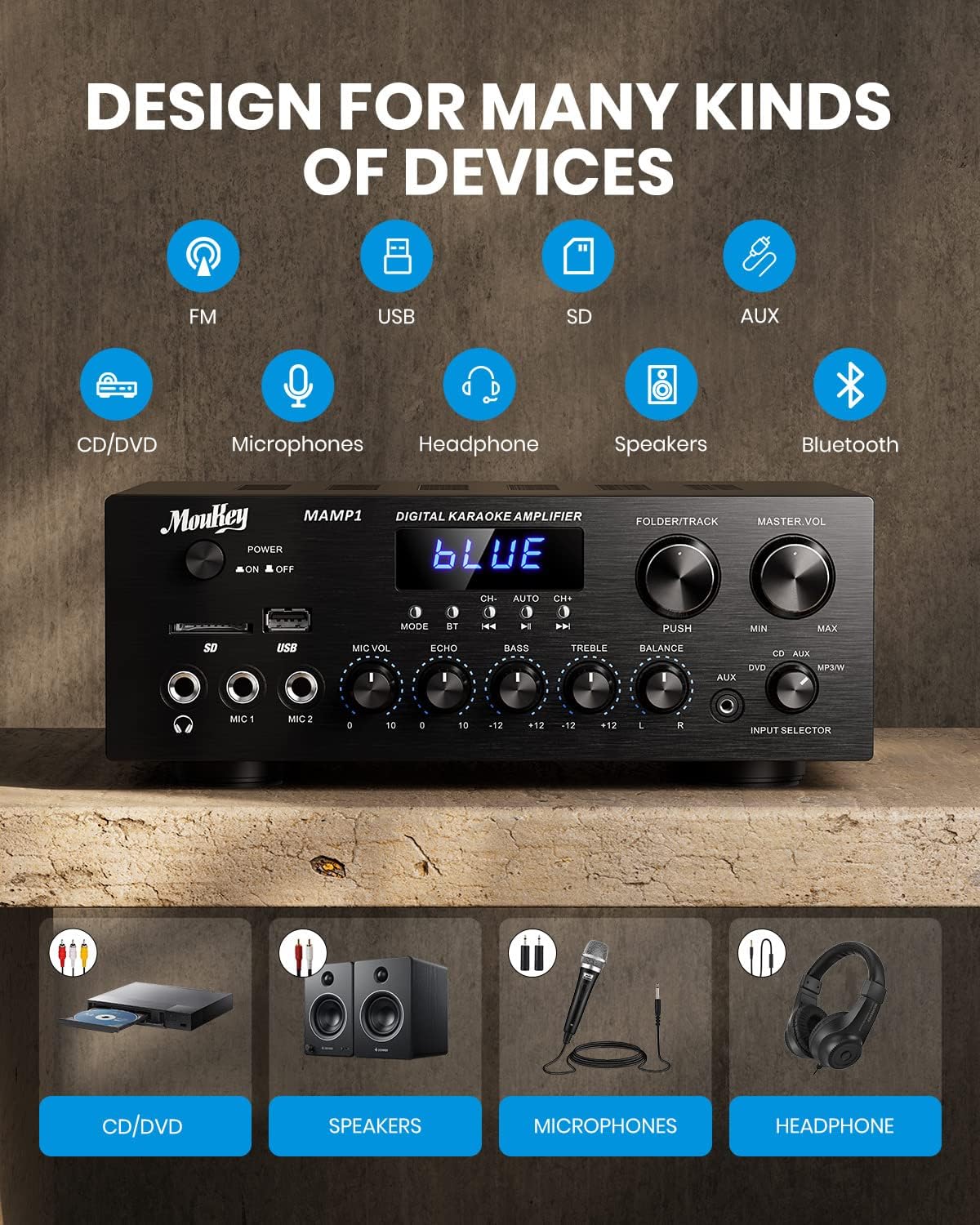 Moukey Stereo Receivers with Bluetooth 5.0, 400W 2.0 Channel Power Audio Amplifier Stereo System w/USB, SD, AUX, RCA, MIC in w/Echo, LED for Karaoke, Home Theater Speakers - MAMP1