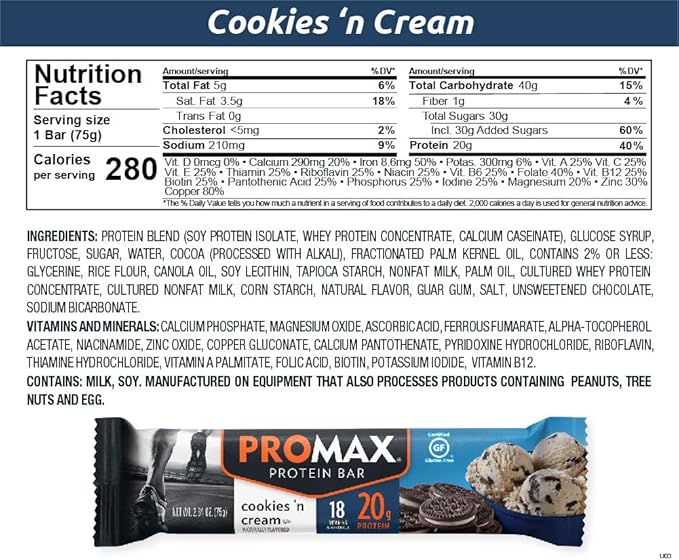 Promax Protein Bar, Cookies 'n Cream, 20g High Protein, Gluten Free, 12 Count