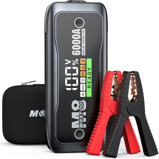 MOSTOOL M8 6000A Car Battery Jump Starter with Smart HD Display PD 60W Fast Charging, 12V Battery Jump Pack, Portable Jump Box with Jumper Clamps LED Light, Rugged Kit for All Gas & Up to 12.0L Diesel