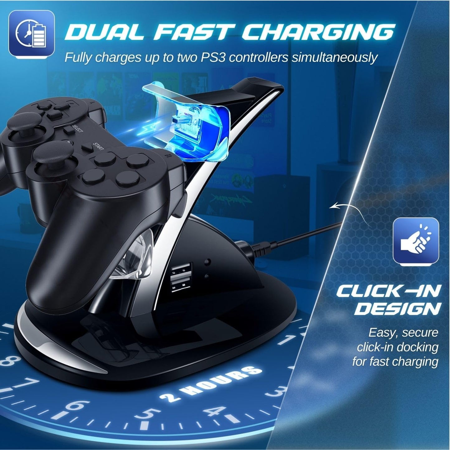 TNP Compatible with PS3 Controller Charger Stand for Sony Playstation 3 Controller compatible with Dualshock 3 Charging, 2 Tier Docking Station Stand and 2 USB PS3 Cable ports with LED Indicators