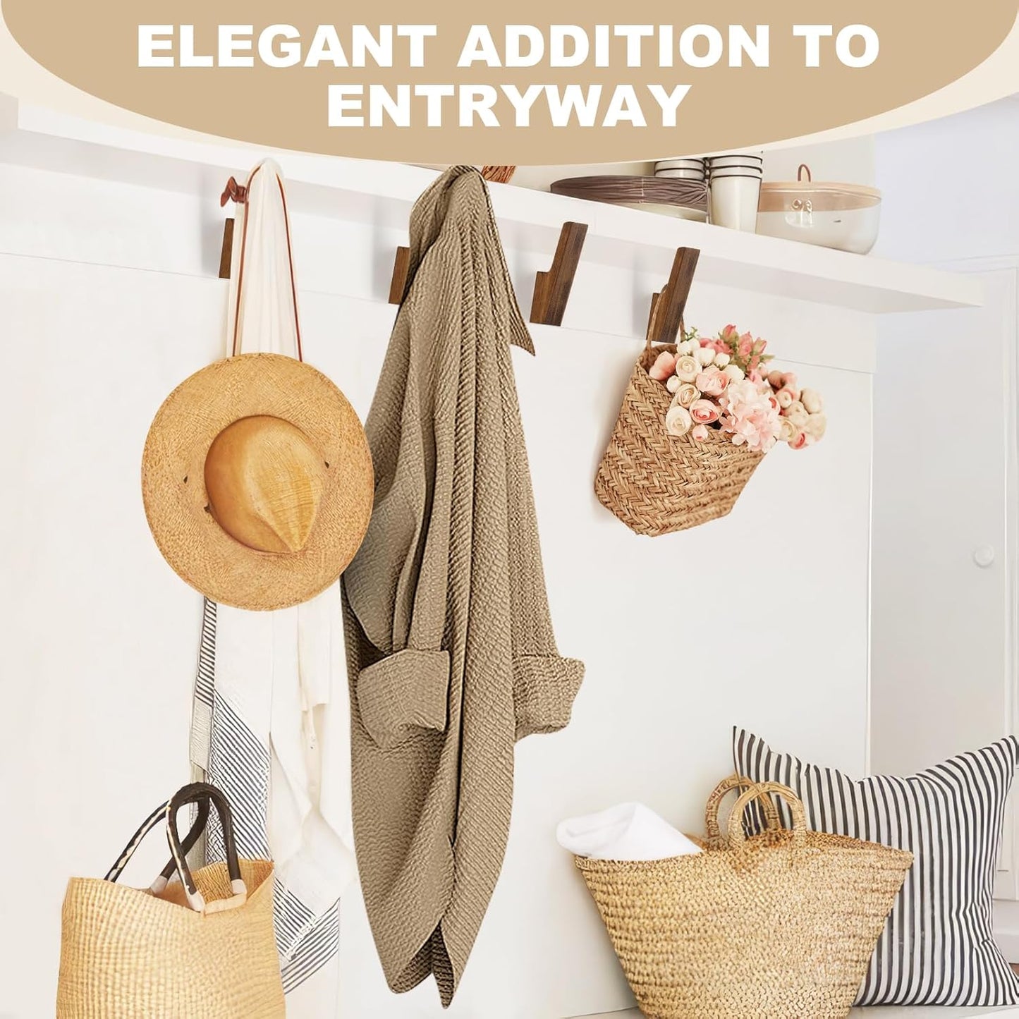 VIS'V Walnut Wall Hooks, Wall Mount Wooden Coat Hooks for Entryway Cubicle, Brown, 4 Pcs