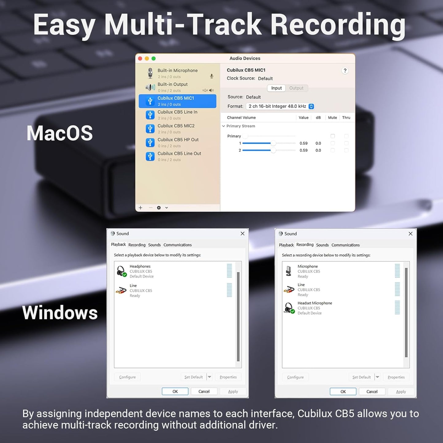 Cubilux CB5 USB Audio Interface for Recording, Streaming, Podcasting, USB to 3.5mm Sound Card with Stereo Microphone Input, Line-In, Line-Out & Headphone Jack for Monitors, Support Windows & Mac OS