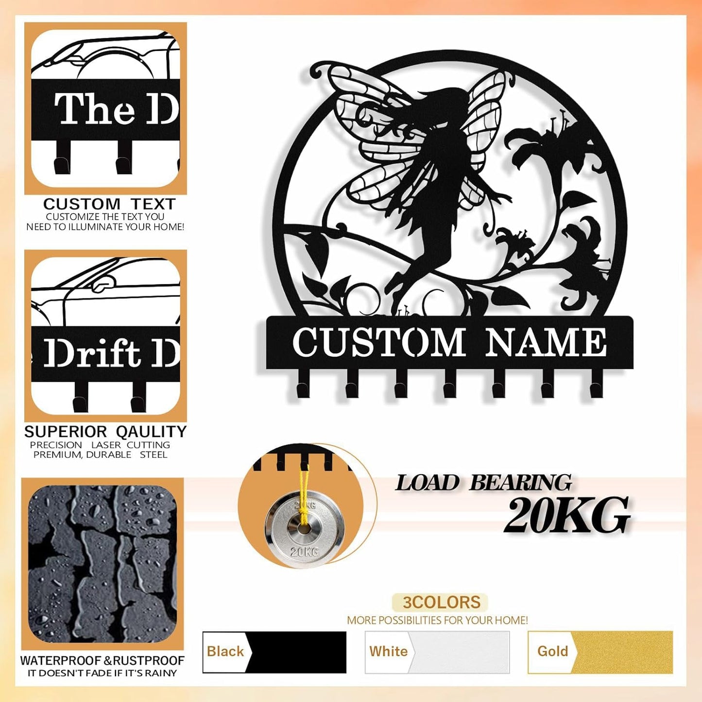 Personalized Fairy Key Holder Wall Mount, Custom Metal Key Rack Key Holder with Name, Deer Cabin Wall Keys Hanger with Hooks for Entryway, Front Door, Hallway, Kitchen, Living Room