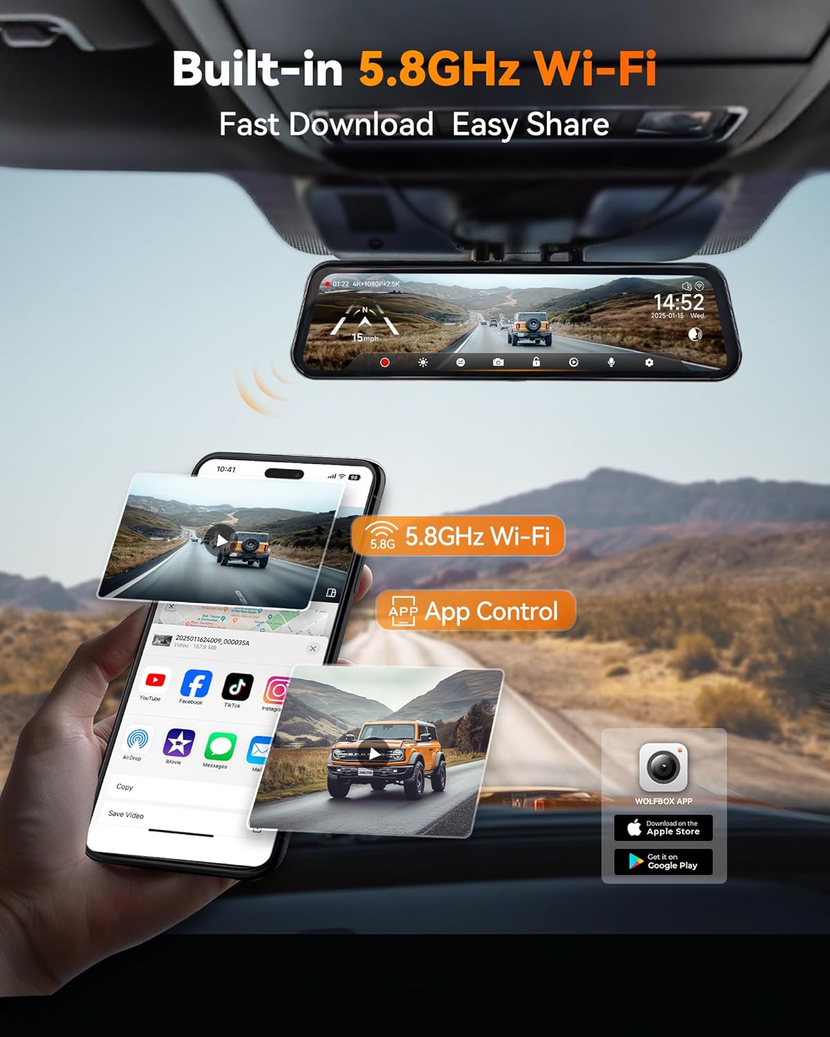 WOLFBOX G900 Tripro Bumper Version 3 Channel 4K Mirror Dash Cam, STARVIS 2 IMX678 Night Vision, 4K+2.5K+1080P Front and Rear Bumper Dash Cam, 5.8GHz WiFi, Voice Control, Includes 256GB Card & GPS