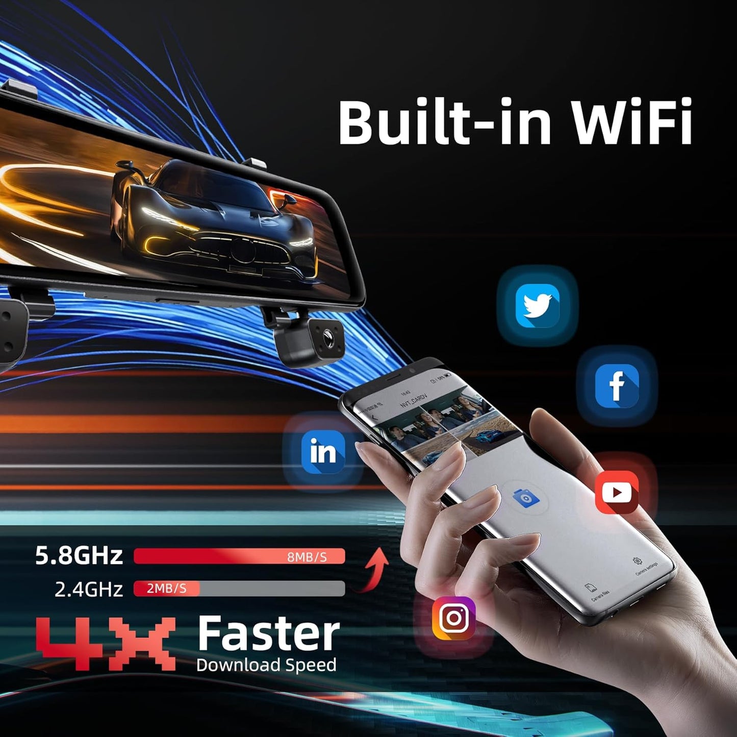 2025 Rear View Mirror Camera, 4 Channel Mirror Dash Cam Front and Rear Inside, 12" Touch Screen 360° Dash Camera for Cars, Wi-Fi, APP, GPS, IR Night Vision Backup Camera, Free 128GB SD Card