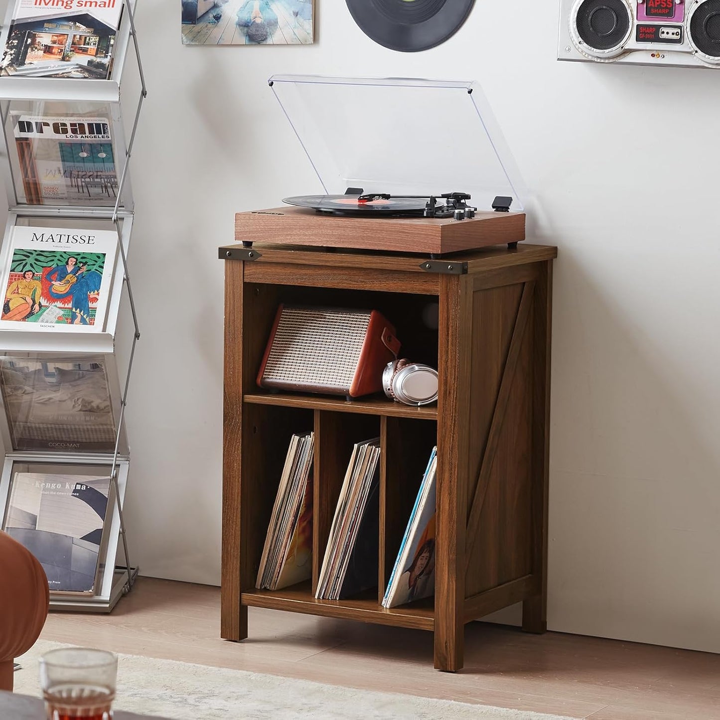 Record Player Stand with Vinyl Record Storage Holds up to 160 Albums,Large Wood Record Player Table，Brown Turntable Stand Cabinet Dispaly Shelf for Living Room,Bedroom,Office