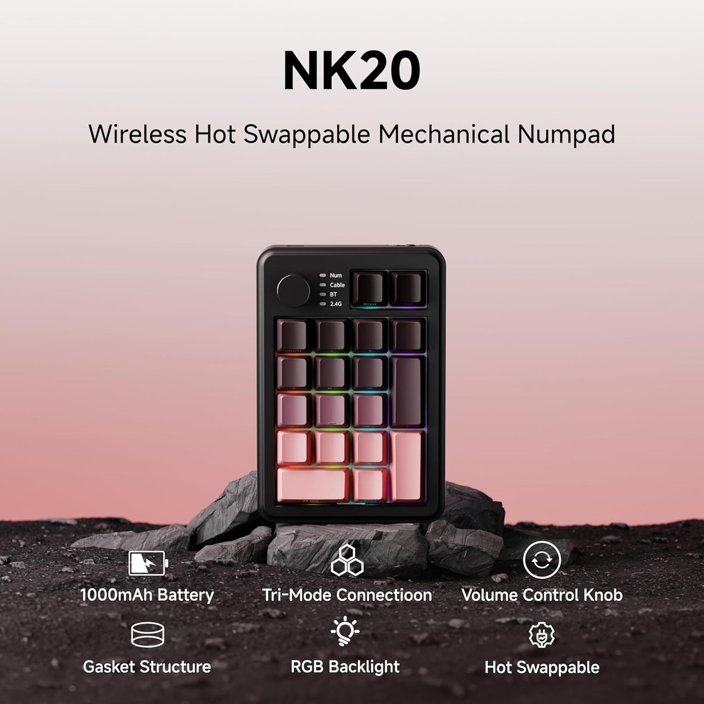 EWEADN NK20 Wireless Retro Mechanical Numpad with Knob, Bluetooth/2.4GHz/USB-C Connect with RGB Backlight Hot Swappable Number Pad, 20-Key Rechargeable External Num Pad for Win, Mac, Black Berry Pink
