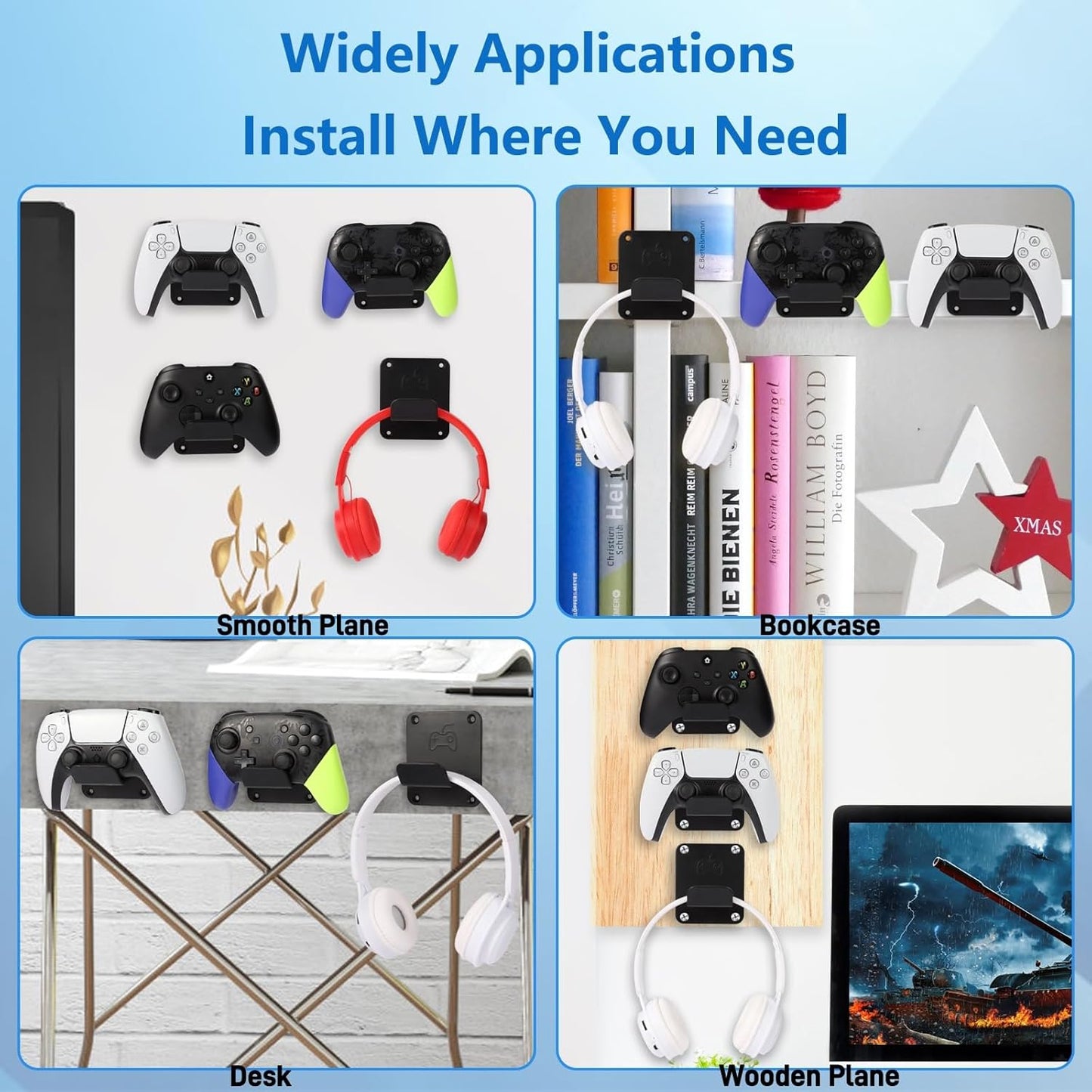 Controller Holders Wall Mount 3 Pack Wall Stands With Non-Slip Pads, Premium Headphone Mount for Controllers and Headsets, Black, YCKJ-WM-01