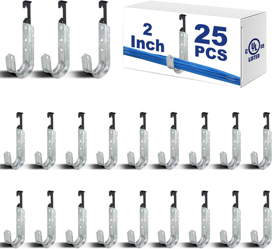 Zonon 25 Pcs J Hooks for Hanging Metal J Hook Hangers Cable Support with Bat Wing Heavy Duty G60 Galvanized Steel Cable Hooks for Attaching Ceiling Wire Threaded Rod, Ul Certification(2 Inch)