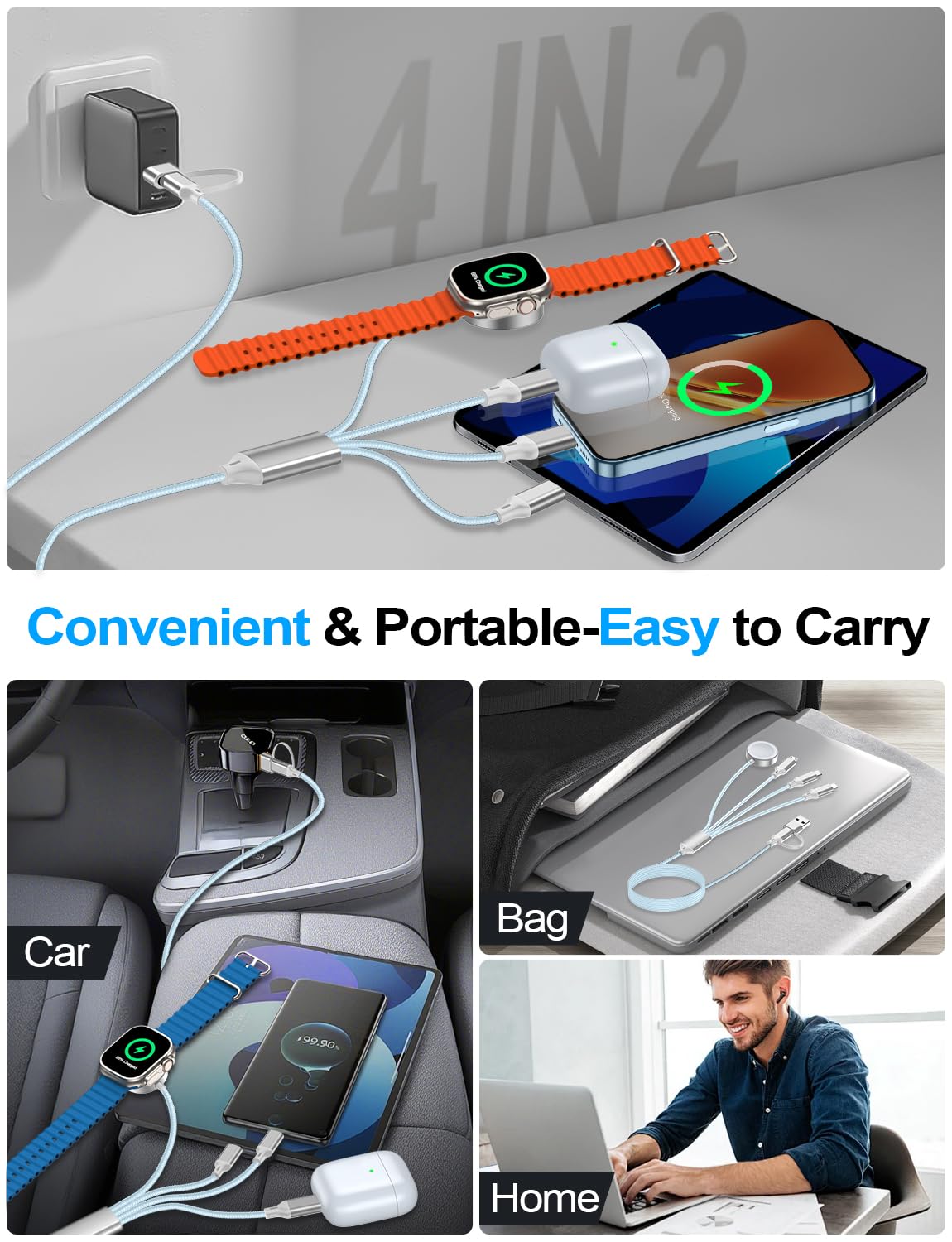 4-in-2 Charging Cable for Apple Watch Charger/Samsung/iPhone Charger,Car/Office/Camping/Travel Essentials,Type C Cable Multi Cord for iWatch Ultra/10-2/iPhone 16-11/Samsung S25-S20,iPad,airPods-Blue