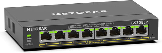 NETGEAR 8 Port PoE Gigabit Ethernet Easy Smart Managed Essentials Switch (GS308EP) - with 8 x PoE+ @ 62W, Desktop or Wall Mount