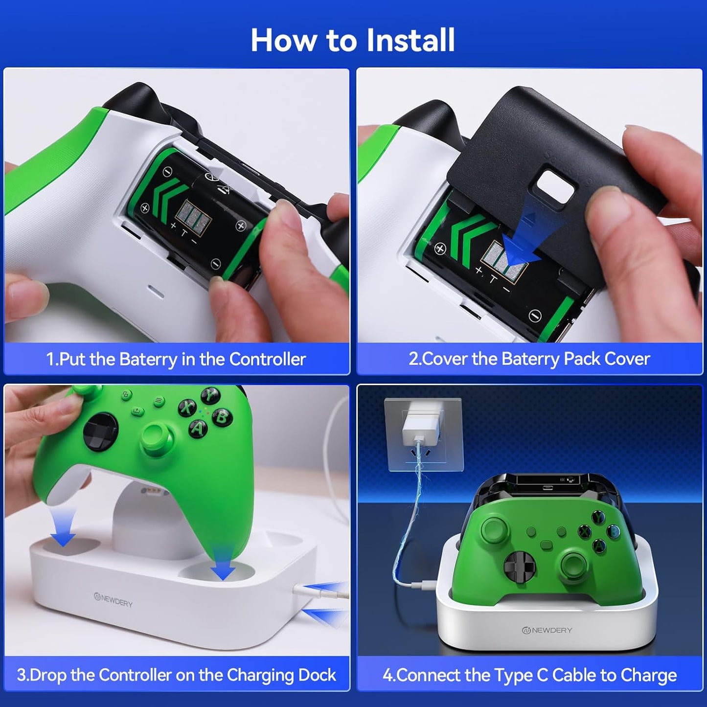 NEWDERY Controller Charger Station for Xbox, 2x5280mWh Rechargeable Battery Packs for Xbox One/Series X|S Controller, Dual Charging Dock for Xbox Controller with 4 Battery Covers-White