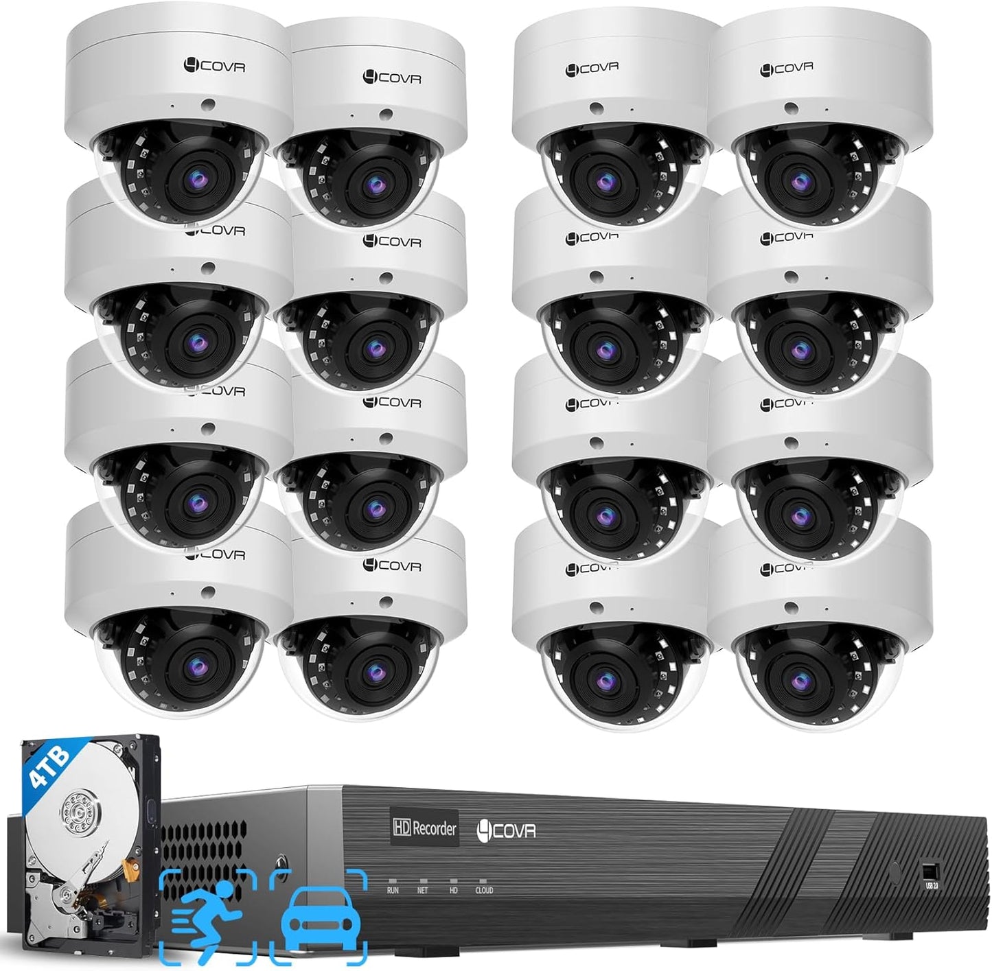 4COVR 16 Channel PoE Security Camera System for Business, 16x 5MP IK10 Vandal-Proof IP67 Dome Commercial IP Camera, Night Vision, 16CH NVR 4TB, AI Human Vehicle Detection, 24/7 Recording, LY54AX5M1616