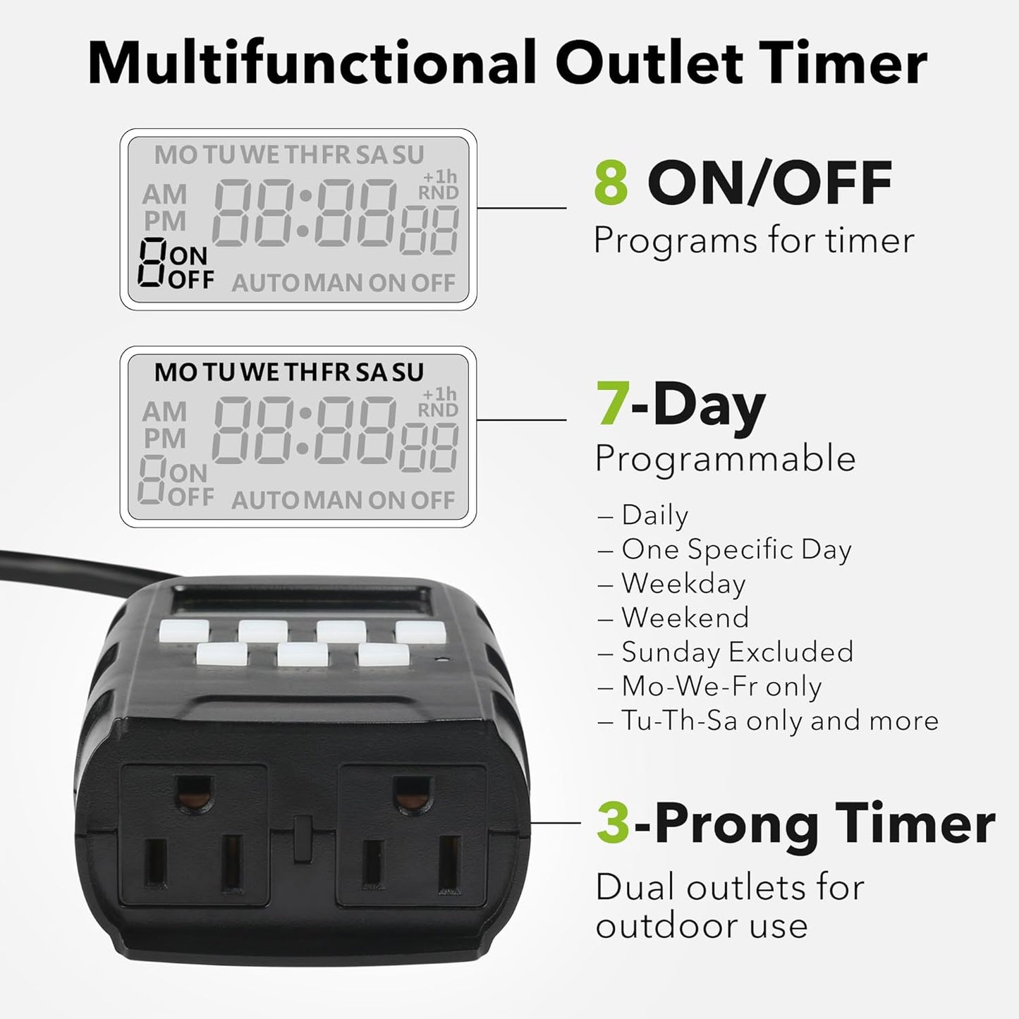 BN-LINK 7 Day Outdoor Heavy Duty Digital Programmable Timer, Outdoor Timer Outlet Waterproof, Grounded Electrical Outlets for Christmas Lights Lamps Ponds, 1875W 1/2HP, ETL Listed-2PACK