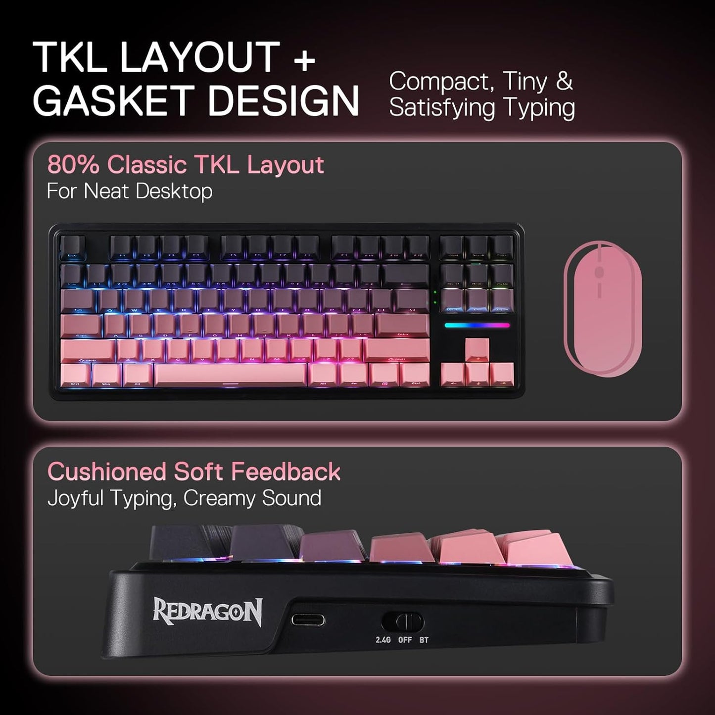 Redragon K728 PRO 80% Wireless Gasket Gaming Keyboard, 3-Mode 87 Keys TKL Mechanical Keyboard w/South-Facing LED & Hot-Swap Socket, 5-Layer Noise Dampening, Custom Linear Switch, PBT Gradient Keycaps
