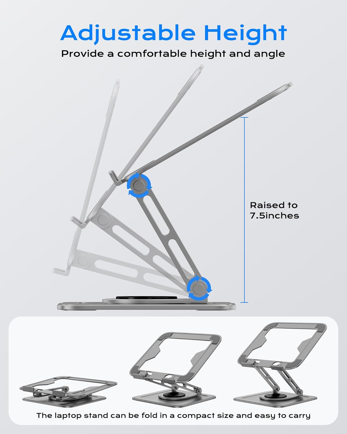 Adjustable Laptop Stand for Desk with 360 Base, Ergonomic Laptop Riser, Mount, Holder Notebook Computer Stand for MacBook Air Pro, HP, Dell, XPS, HP 16" Laptops - Gray
