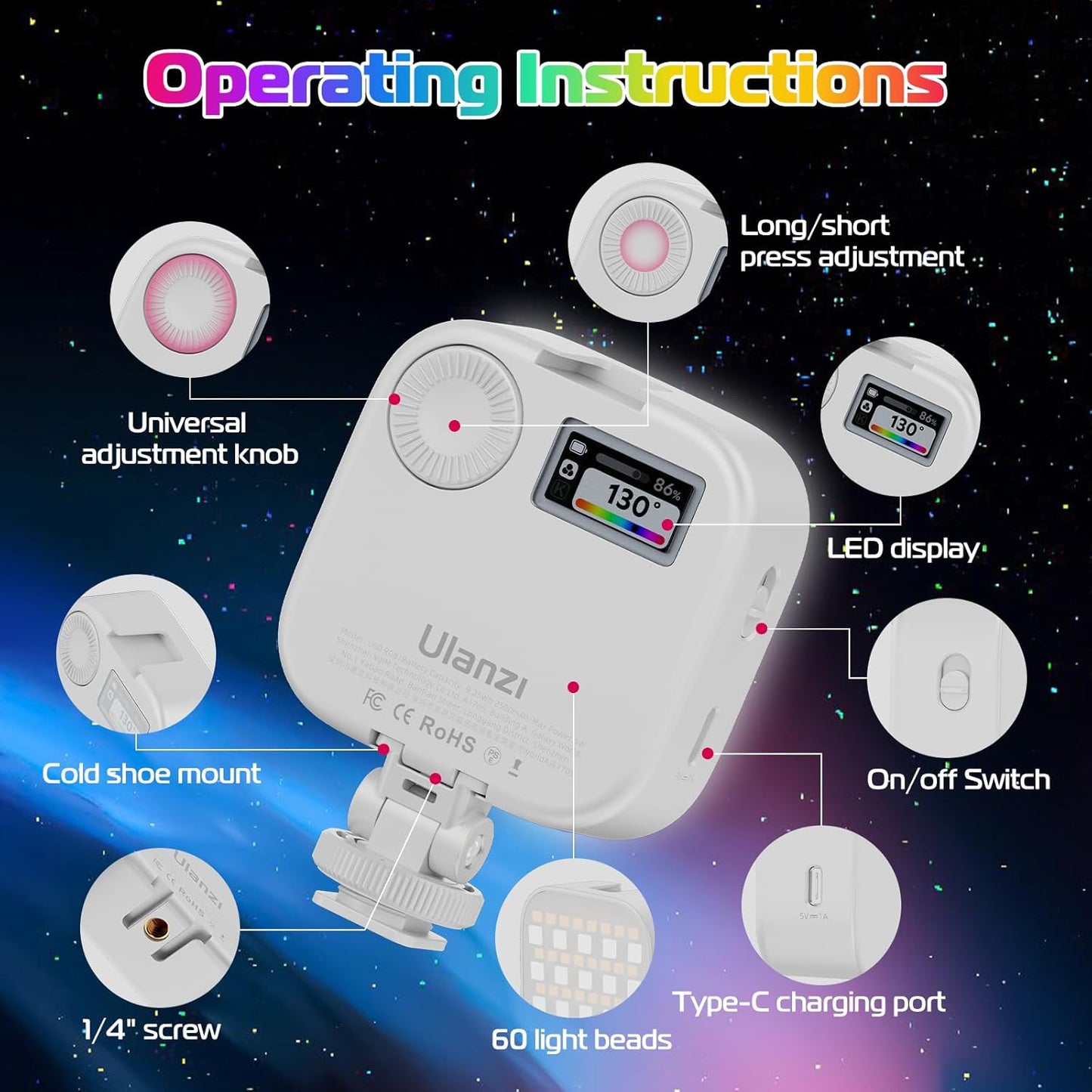 ULANZI U60 RGB Video Lights White LED Camera Light 360° Full Color Portable Photography Lighting w Quick Release Cold Shoe Adapter and Clip, 2500mAh Rechargeable CRI 95+ 2500-9000K Dimmable Panel Lamp