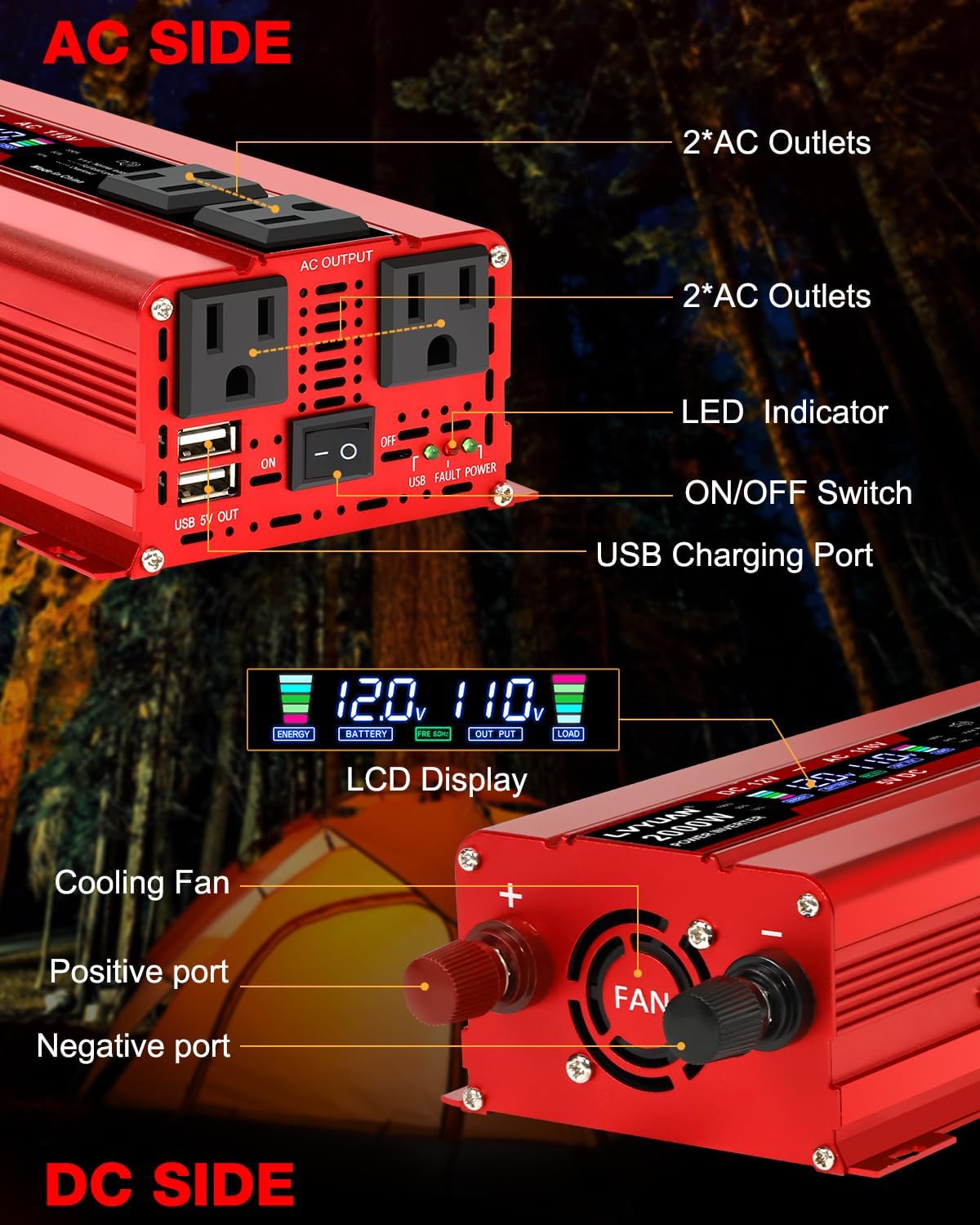 LVYUAN 1000W Car Power Inverter 12V to 110V DC to AC with 4 US Sockets, Cigarette Lighter, LCD Display, USB Ports for Car, Home,Outdoor, Camping