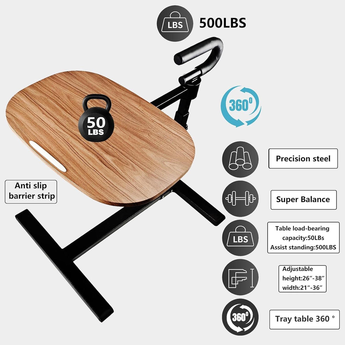 (White 360° Sofa Rotating Table) Auxiliary Standing Tray 360 Degree and Height Adjustable Rotating TV and Laptop Table, Ergonomic Auxiliary Safety Standing Handle