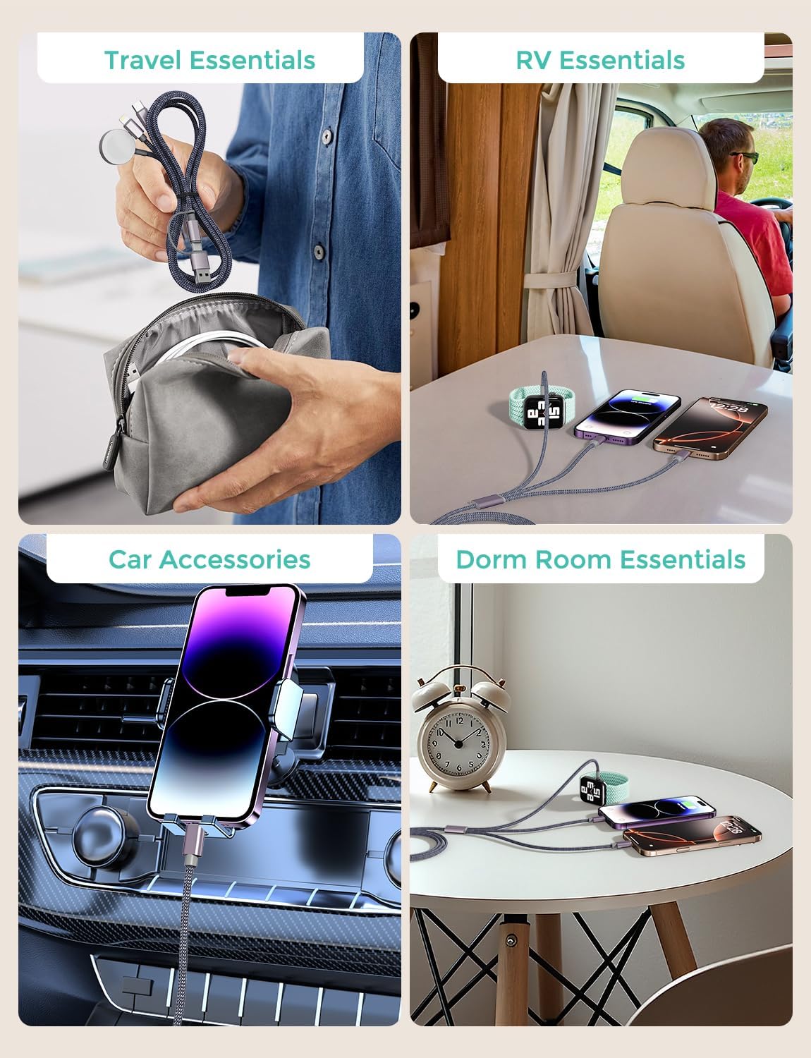 Travel Essentials,Upgraded 3 in 2 USB C Cable for Apple Watch Charger/iPhone Charger,Multi Charging Cable,RV Camping Essentials,Portable for iWatch Series 10-2/Ultra/SE& iPhone 16-12-4FT